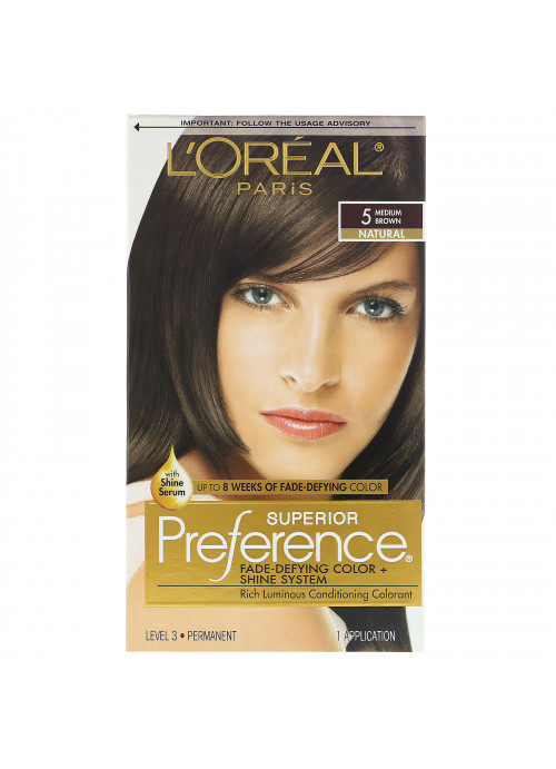 L'Oreal, Superior Preference, Fade-Defying Color + Shine System, Natural, 5 Medium Brown, 1 Application