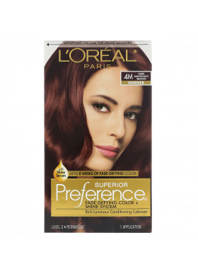 L'Oreal, Superior Preference, Fade-Defying Color + Shine System,  Warm, 4M Dark Mahogany Brown, 1 Application