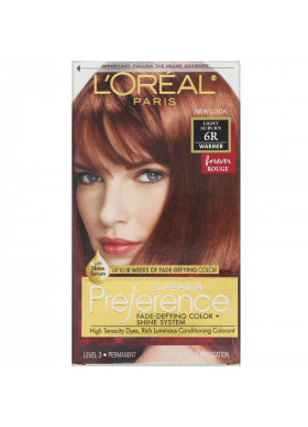 L'Oreal, Superior Preference, Fade-Defying Color + Shine System,  Warmer, Light Auburn 6R, 1 Application