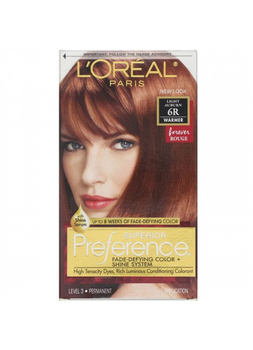 L'Oreal, Superior Preference, Fade-Defying Color + Shine System,  Warmer, Light Auburn 6R, 1 Application