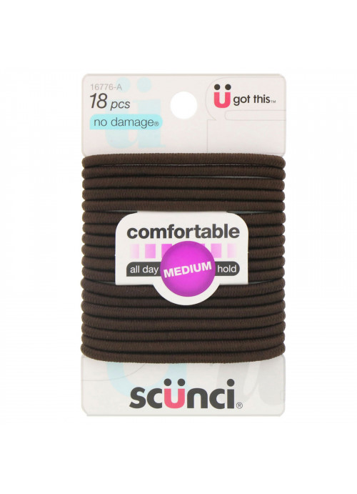 Scunci, No Damage Elastics, All Day Medium Hold, Brown, 18 Pieces