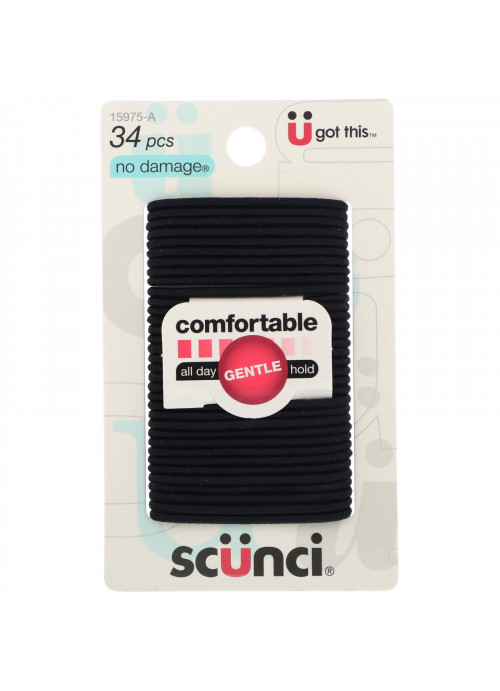 Scunci, No Damage Elastics, Comfortable, All Day Gentle Hold, Black, 34 Pieces