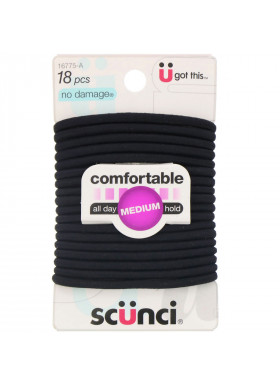 Scunci, No Damage Elastics, Comfortable, All Day Medium Hold, Black, 18 Pieces