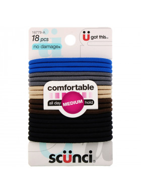 Scunci, No Damage Elastics, Comfortable, All Day Medium Hold, Denim, 18 Pieces