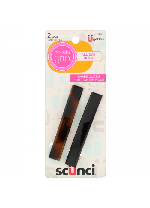 Scunci, No Slip Grip, All Day Hold, Barrettes, Black & Brown, 2 Pieces