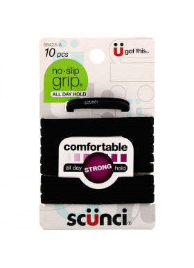 Scunci, No Slip Grip Elastics, Comfortable, All Day Strong Hold, Black, 10 Pieces