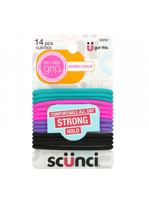 Scunci, No Slip Grip Elastics, Comfortable All Day, Strong Hold, Bright, 14 Pieces