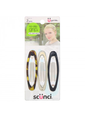 Scunci, No Slip Grip Oval Clip, All Day Hold, Assorted Colors, 3 Pieces