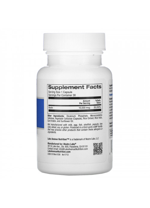 Lake Avenue Nutrition, Biotin, 10,000 mcg, 30 Veggie Capsules