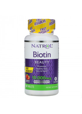 Natrol, Biotin, Maximum Strength, Strawberry, 10,000 mcg, 60 Tablets
