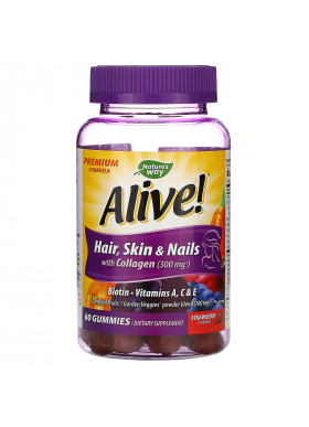 Nature's Way, Alive! Hair, Skin & Nails with Collagen, Strawberry Flavored, 60 Gummies