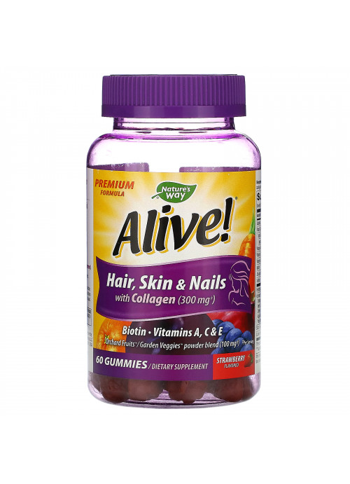 Nature's Way, Alive! Hair, Skin & Nails with Collagen, Strawberry Flavored, 60 Gummies