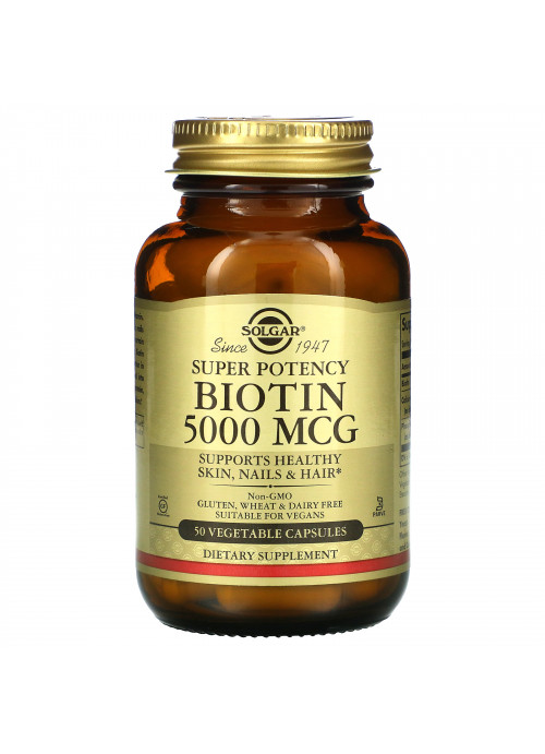 Solgar, Biotin, 5,000 mcg, 50 Vegetable Capsules