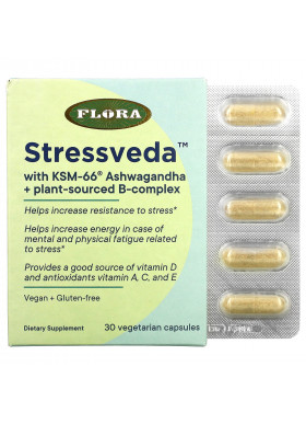 Flora, Stressveda with KSM-66 Ashwagandha + Plant-Sourced B-Complex, 30 Vegetarian Capsules