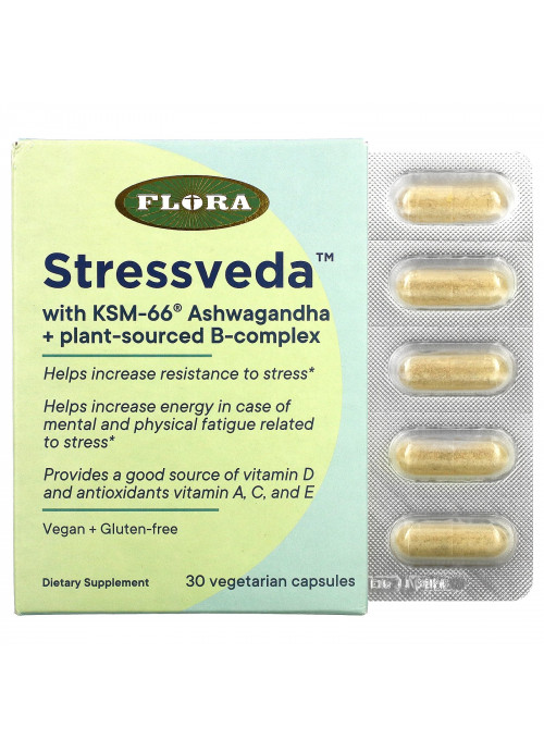 Flora, Stressveda with KSM-66 Ashwagandha + Plant-Sourced B-Complex, 30 Vegetarian Capsules