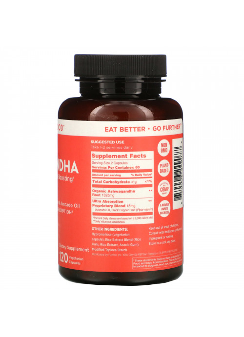 Further Food, Premium Ashwagandha, Maximum Strength, 1,325 mg, 120 Vegetarian Capsules
