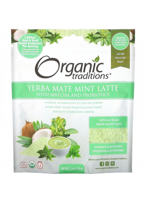 Organic Traditions, Yerba Mate Mint Latte with Matcha and Probiotics, 5.3 oz (150 g)