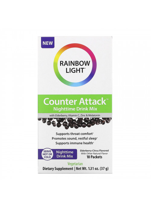 Rainbow Light, Counter Attack, Nighttime Drink Mix with Elderberry, Vitamin C, Zinc and Melatonin, Elderberry-Citrus, 10 Packets, 0.1 oz (3.7 g) Each