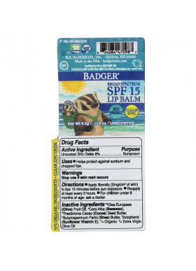 Badger Company, Lip Balm, Clear Zinc, Unscented, SPF 15, 0.15 oz (4.2 g)