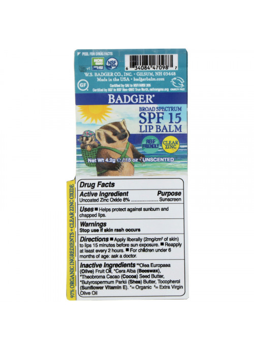Badger Company, Lip Balm, Clear Zinc, Unscented, SPF 15, 0.15 oz (4.2 g)
