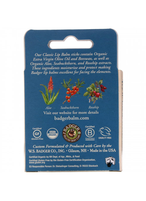 Badger Company, Organic Classic Lip Balm Sticks, Blue Box, 4 Lip Balm Sticks, .15 oz (4.2 g) Each