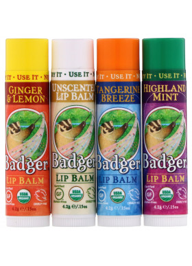 Badger Company, Organic Classic Lip Balm Sticks, Blue Box, 4 Lip Balm Sticks, .15 oz (4.2 g) Each