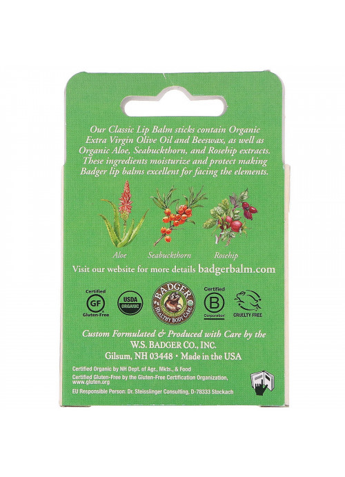 Badger Company, Organic Classic Lip Balm Sticks, Green Box, 4 Lip Balm Sticks, .15 oz (4.2 g) Each