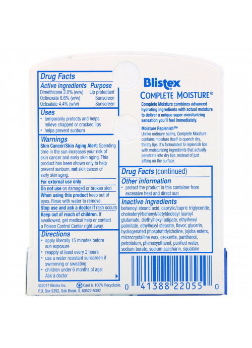 Blistex, Complete Moisture, Lip Protectant/Sunscreen, SPF 15, .15 oz (4.25 g)