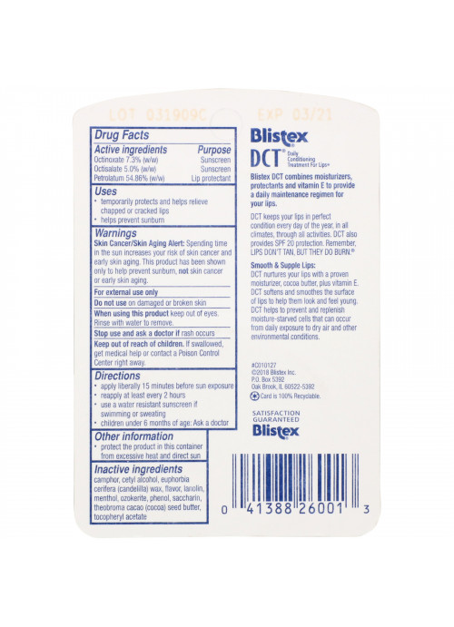 Blistex, DCT (Daily Conditioning  Treatment) for Lips, SPF 20, 0.25 oz (7.08 g)