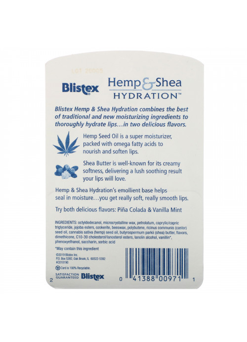Blistex, Hemp & Shea, Lip Moisturizer, Hydration, Pina Colada & Vanilla Mint, 2 Pack, 0.15 oz (4.25 g) Each