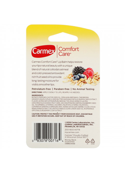 Carmex, Comfort Care, Colloidal Oatmeal Lip Balm, Mixed Berry, .15 oz (4.25 g)