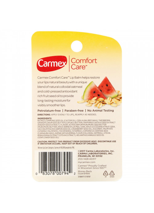 Carmex, Comfort Care, Colloidal Oatmeal Lip Balm, Watermelon Blast, .15 oz (4.25 g)