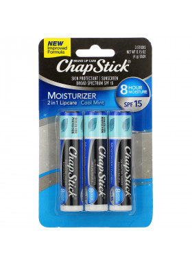 Chapstick, 2-In-1 Lip Care Skin Protectant, SPF 15, Cool Mint, 3 Sticks, 0.15 oz (4 g) Each