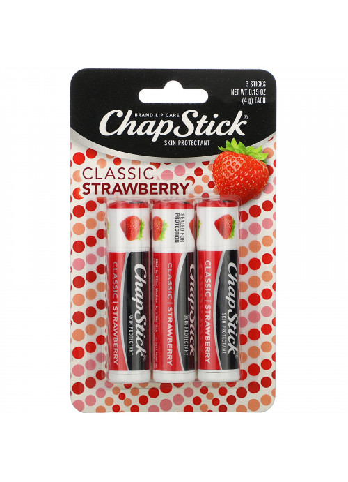 Chapstick, Lip Care Skin Protectant, Classic Strawberry, 3 Sticks, 0.15 oz (4 g) Each