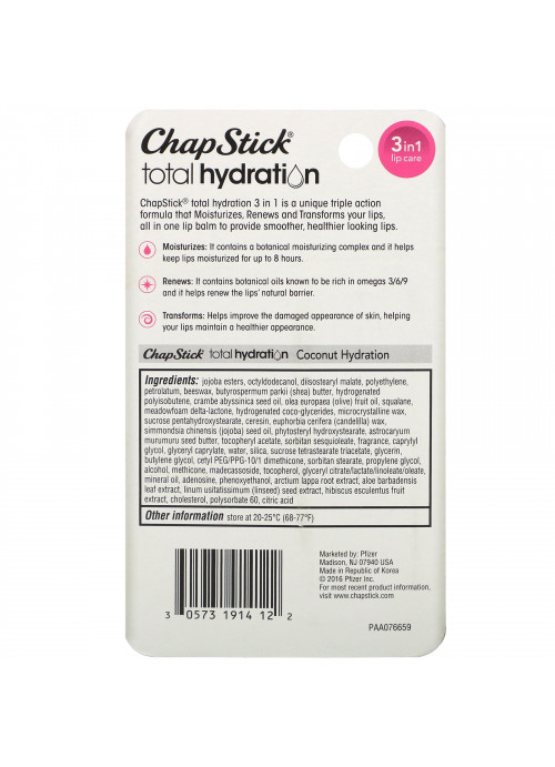Chapstick, Total Hydration, 3 in 1 Lip Care, Coconut Hydration, 0.12 oz (3.5 g)