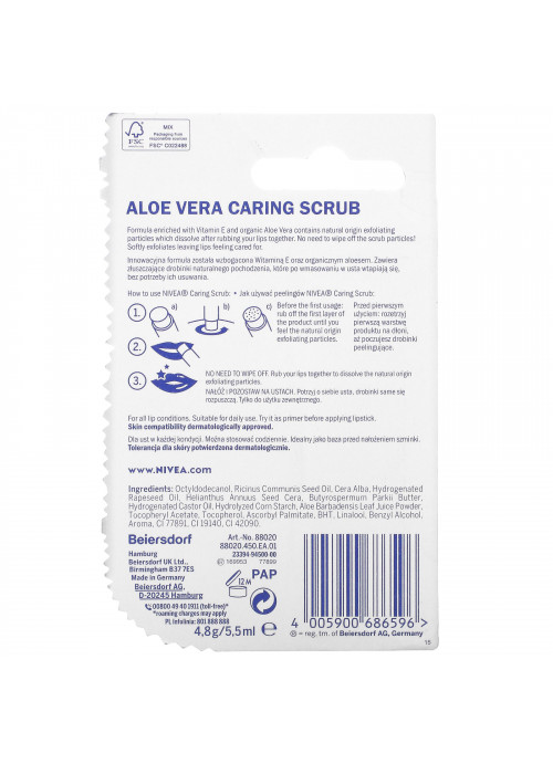 Nivea, Caring Scrub, Super Soft Lips, Aloe Vera + Vitamin E, 0.17 oz (4.8 g)
