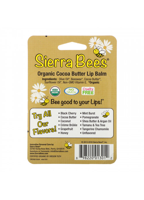 Sierra Bees, Organic Lip Balms, Cocoa Butter, 4 Pack, .15 oz (4.25 g) Each