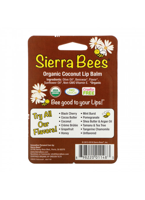 Sierra Bees, Organic Lip Balms, Coconut, 4 Pack, .15 oz (4.25 g) Each
