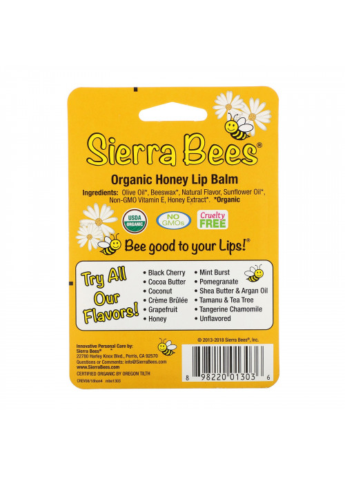 Sierra Bees, Organic Lip Balms, Honey, 4 Pack, .15 oz (4.25 g) Each