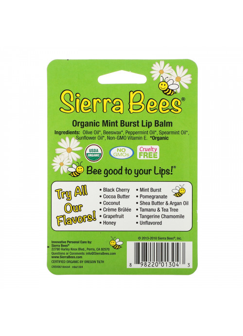 Sierra Bees, Organic Lip Balms, Mint Burst, 4 Pack, .15 oz (4.25 g) Each