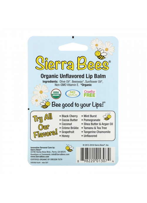 Sierra Bees, Organic Lip Balms, Unflavored, 4 Pack, .15 oz (4.25 g) Each