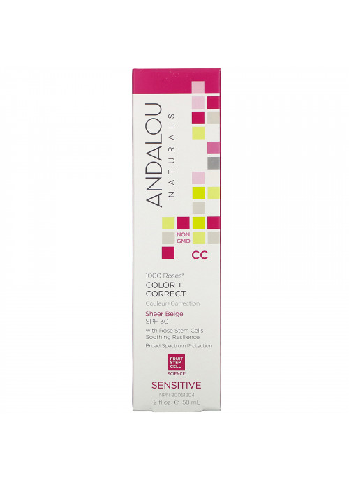 Andalou Naturals, 1000 Roses, CC Color + Correct, Sensitive, SPF 30, Sheer Beige, 2 fl oz (58 ml)