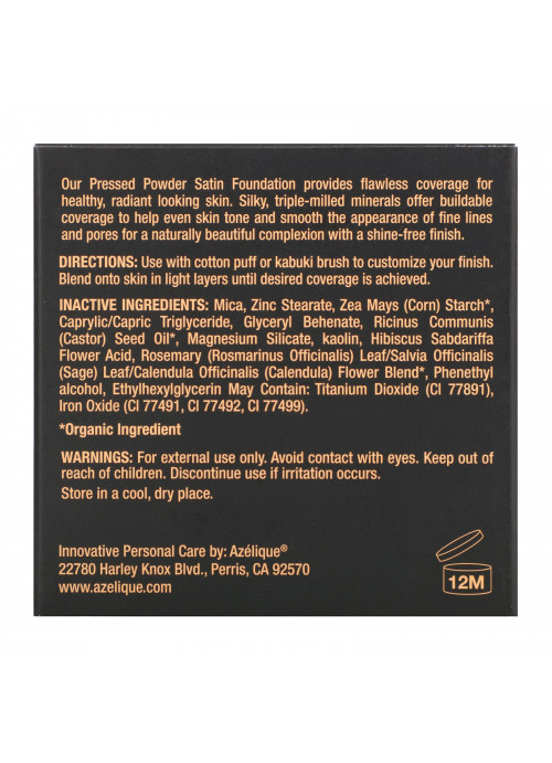 Azelique, Pressed Powder Satin Foundation, Tan-Deep, Cruelty-Free, Certified Vegan, 0.35 oz (10 g)