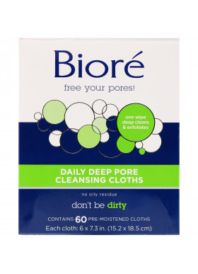 Biore, Daily Deep Pore Cleansing Cloths, 60 Pre-Moistened Cloths
