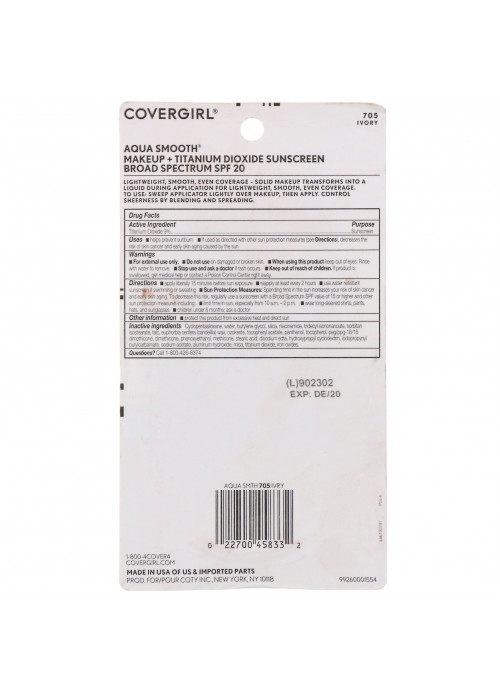 Covergirl, Aqua Smooth, Foundation, SPF 20, 705 Ivory, .4 oz (12 g)