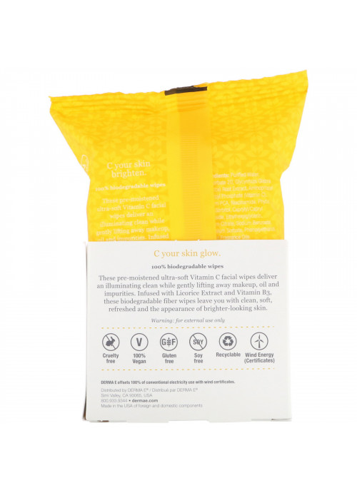 Derma E, Vitamin C Brightening Micellar Wipes, 30 Pre-Moistened Wipes