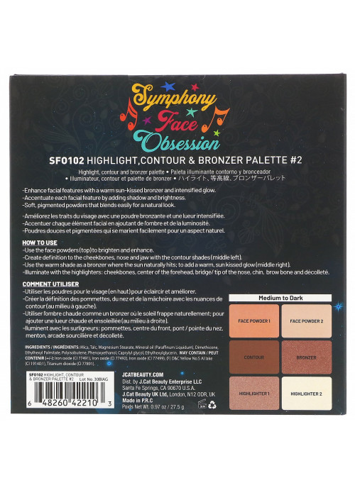 J.Cat Beauty, Symphony Face Obsession, Highlight, Contour & Bronzer Palette, SFO102 #2 Medium/Dark, 0.97 oz (27.5 g)