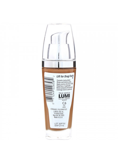 L'Oreal, True Match Healthy Luminous Makeup, SPF 20, C6 Soft Sable, 1 fl oz (30 ml)