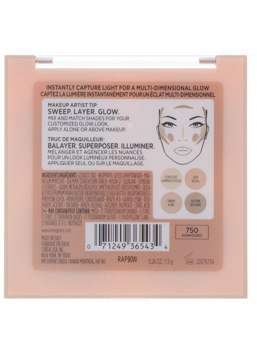 L'Oreal, True Match Lumi Glow Nude Highlighter Palette, 750 Sunkissed, 0.26 oz (7.3 g)