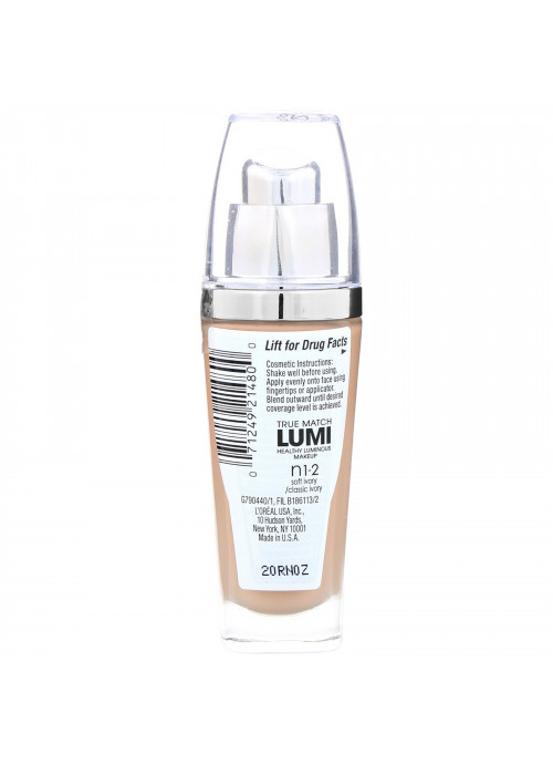 L'Oreal, True Match Lumi, Healthy Luminous Makeup, SPF 20, SN1-2 Soft Ivory/Classic Ivory, 1 fl oz (30 ml)